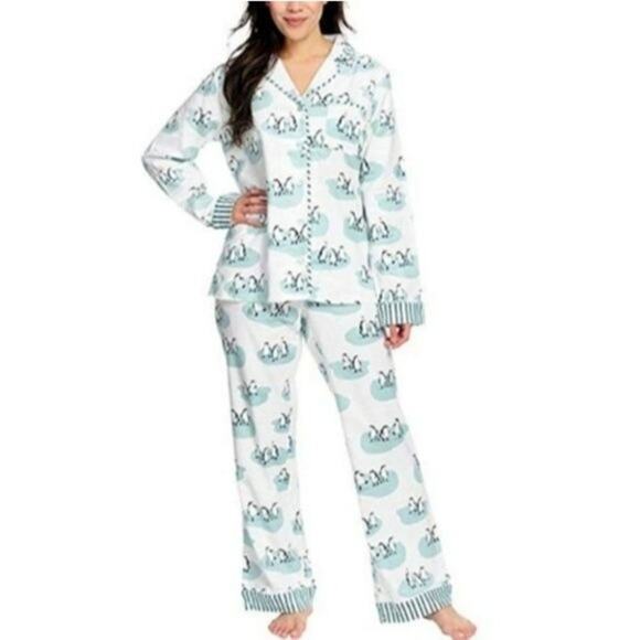 Munki Munki White Penguin Love Flannel Pajama Set Large - Picture 1 of 13
